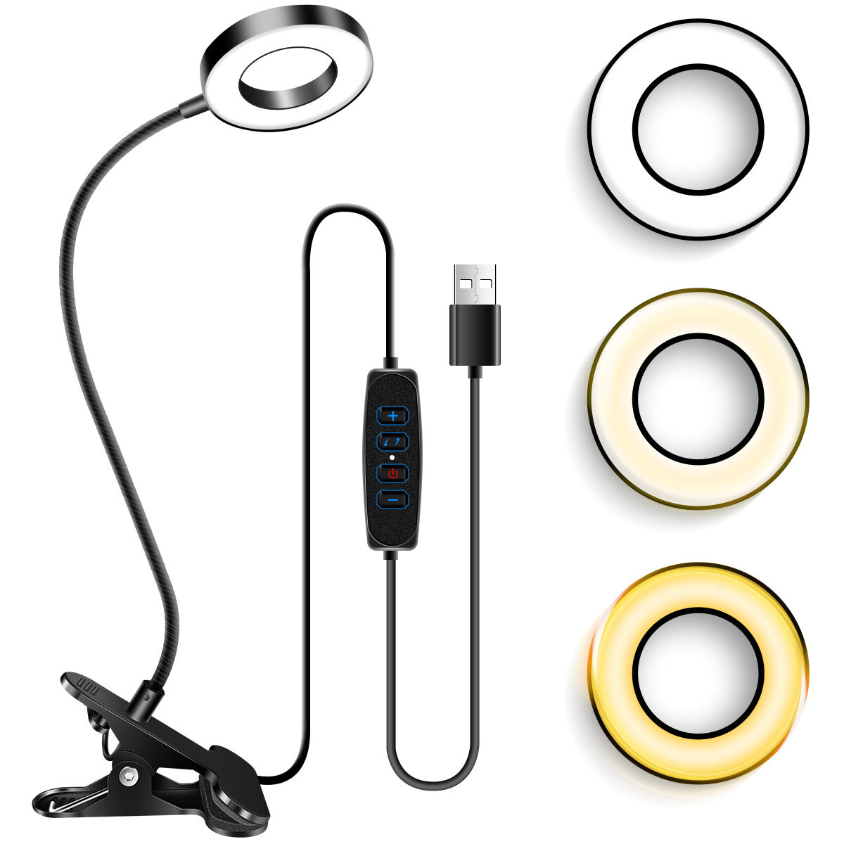 Desk Lamp Clip on LED Ring Light 360° Flexible Gooseneck Night Light USB Lamps