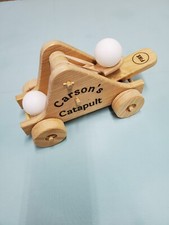 Hand made, customized, wooden toy ping pong ball catapult