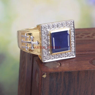 Bague Pour Homme En Argent Sterling 925 Plaqué Or Avec Saphir Bleu Chauffé #5652 - Photo 1/4