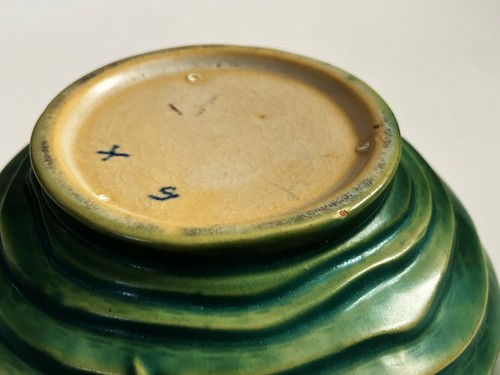 ROSEVILLE ART POTTERY LUFFA DECOR HANDLED JARDINIERE BOWL SHAPE 631-7 GREEN 1934 - Picture 20 of 21