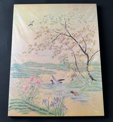 Vintage Kunstdruck auf Holz von ''Enten auf einem Teich'' von S. Lida 1900 Kyoto, Japan