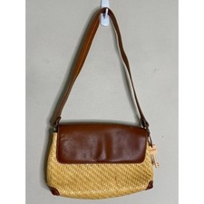 Fossil Straw Woven Shoulder Bag with Brown Leather Flap
