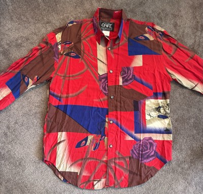 VTG 80's Café Mens Button Up Shirt Sz 0 Red Abstract Made in USA Styled In Italy
