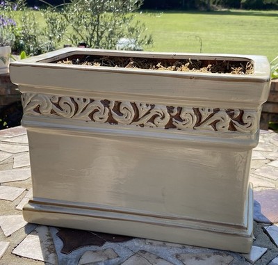 Decorative Planter Box Ceramic W/ Styrofoam Inside Ornate Cream Color