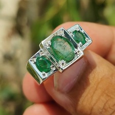Natural Mined Earth Green Emerald Ring, 925 Sterling Silver Real Emerald Rings