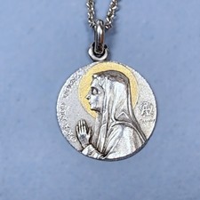 Vtg Virgin Mary Pray For Us Silver Religious Medal Pendant France 18" Chain