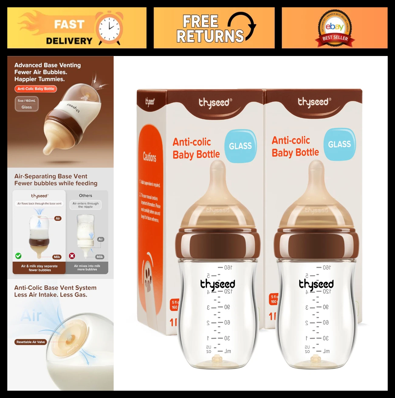 Anti-Colic Glass Baby Bottle Set for Breastfed Infants, Slow Flow Nipple, 5 oz,