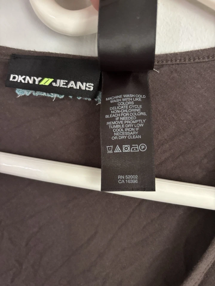 DKNY Babydoll Top Womens L Brown Knit Sheer Lettuce Hem Cap Sleeves Tie Back Y2K - Image 3 of 4