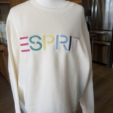 Esprit Womens Sweatshirt Cream Long Sleeve Crewneck Pullover Logo Retro 80s 90s