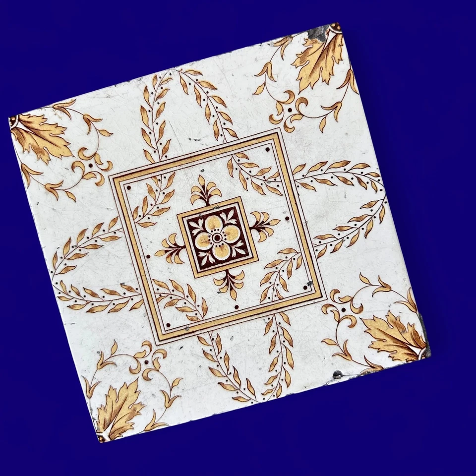 Antique Minton Victorian Tiles, 1891 Floral Transferware, Set of 5, Yellow - Image 3 of 4