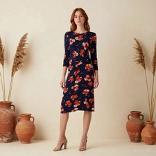 Boho Romantic Knee Length Dress Blue Orange Floral Jersey Sheath Stretch US 6