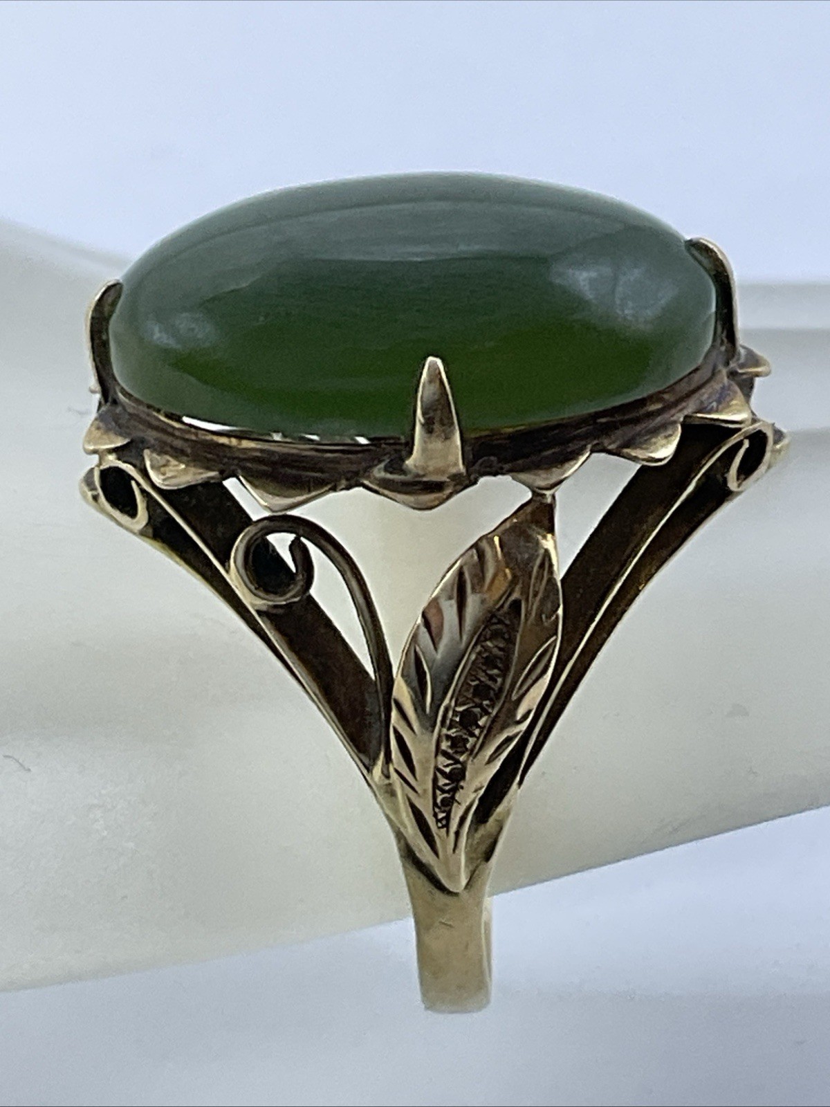 ANTIQUE HANDMADE Solid 12K Yellow Gold Green Jade… - image 2