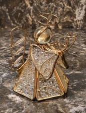Vintage Angel w/ Trumpet Votive Holder Gold Tone Metal  Clear Stained Glass