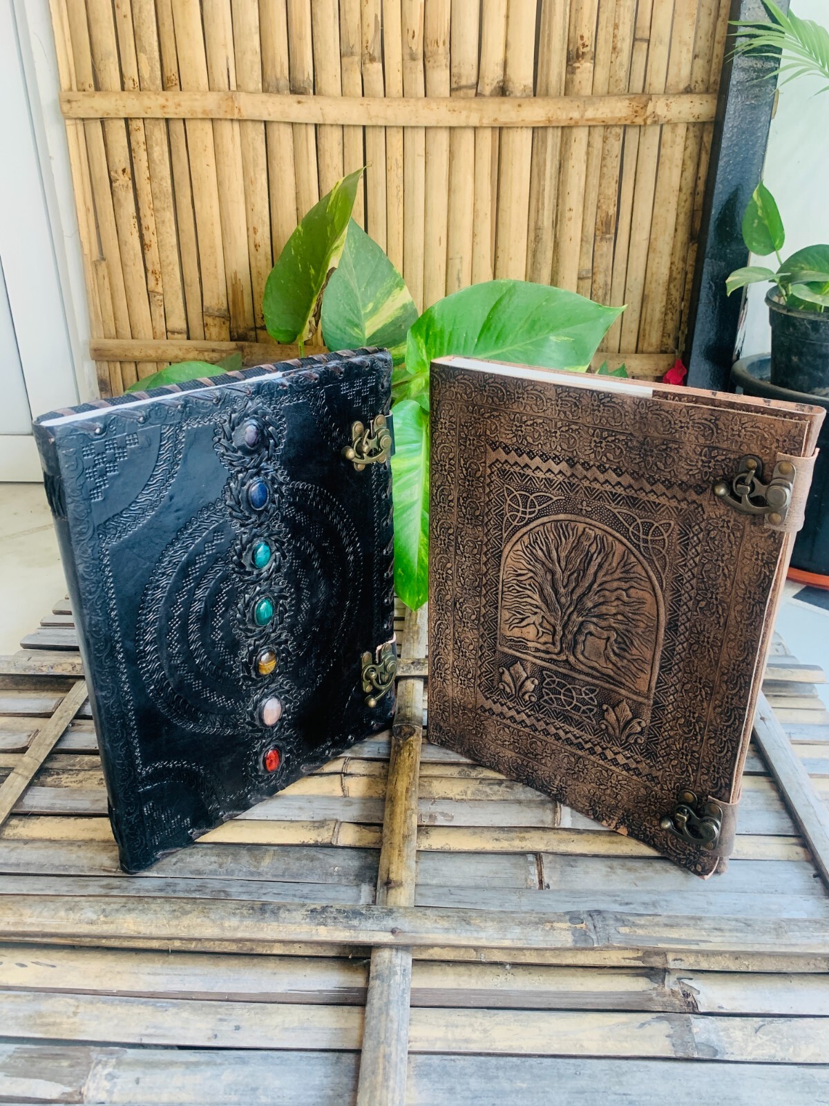 Leather Fat Journal Seven Stone & Tree Of Life Book of Shadows Blank ...