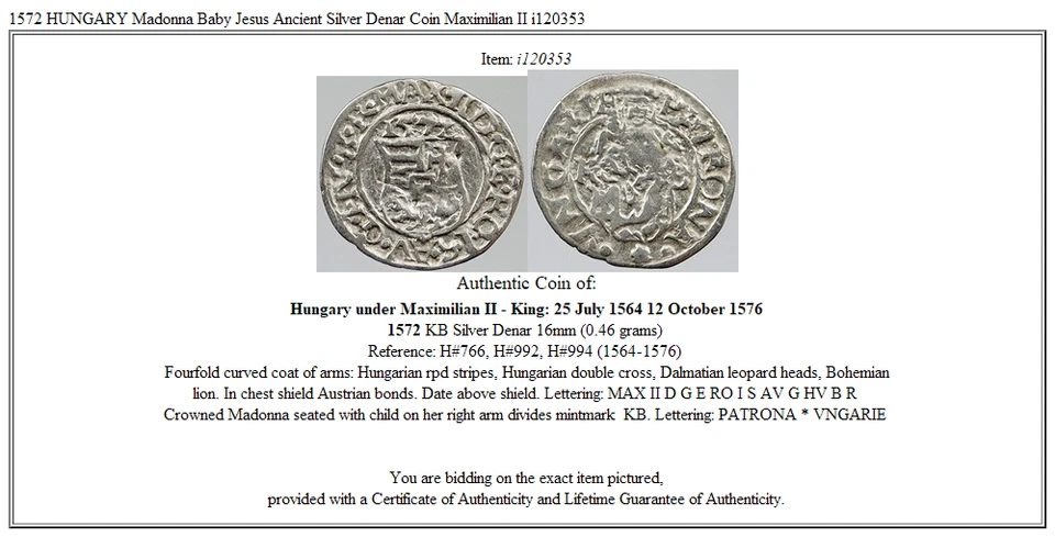 1572 HUNGARY Madonna Baby Jesus Ancient Silver Denar Coin Maximilian II i120353 - Image 3 of 3