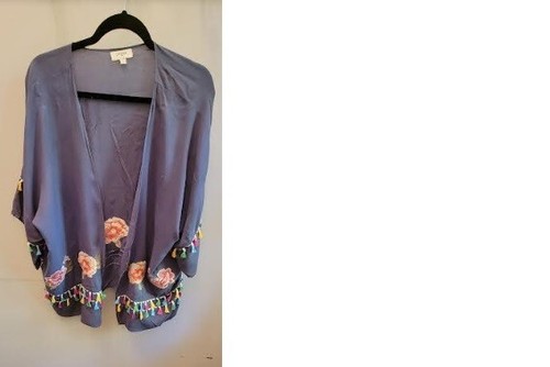 Umgee Boho Gray Kimono Embroidered Floral Tassel Fringe Cardigan M/L - Picture 2 of 10