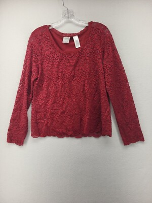 Emma James Womens Top Red Large L Pullover Lace Lined Stretch Long Sleeve Blouse