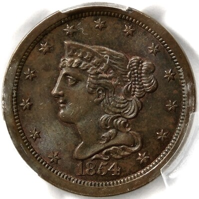       PCGS MS64 BN 1854 BRAIDED HAIR HALF CENT 