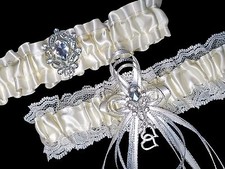 Gorgeous Set Ivory Cream Satin Lace GARTER Belt Prom Wedding Bridal Rhinestones