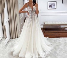Beach Wedding Dresses V Neck Lace Appliques A Line Bridal Gowns Train Plus Size
