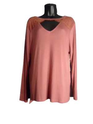 Glitz Long Sleeve Lacy V Neck Blouse Womens Size 1X Rose Pink New