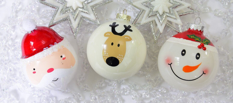 Santa, Reindeer And Snowman Glass Christmas Ornaments