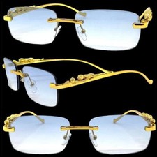 Men Classic Elegant Modern Hip Hop SUNGLASSES Rimless Gold Frame Light Blue Lens