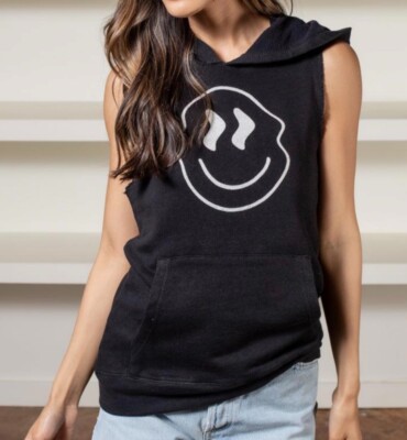 Chaser Smiley Daze Kanga Sleeveless Terry Hoodie Black Size Small