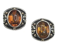 Vtg Fahrenheit Amber Color Cab Faux Marcasite Clip On Silver Tone Gold Earrings