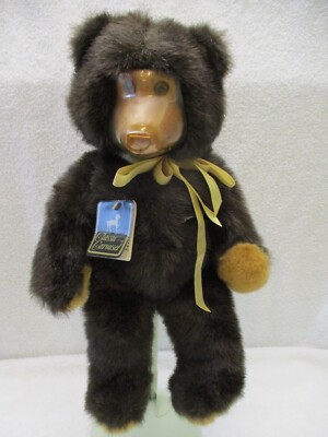 Vintage 1986 Carousel By Guy Plush Brown Bear Wooden Face 18'' Gold Ribbon