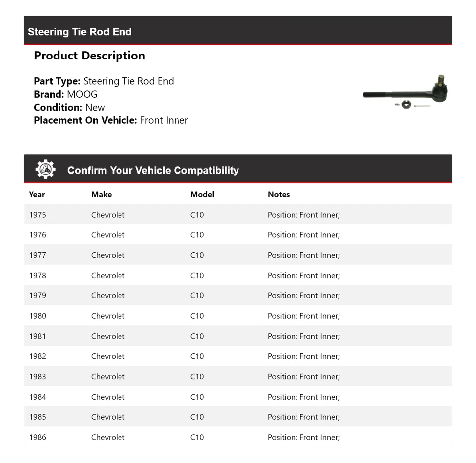 Para Chevrolet C10 1975-1986 extremo de barra de dirección interior delantero MOOG 1975 1976 1977 Foto 2 de 4