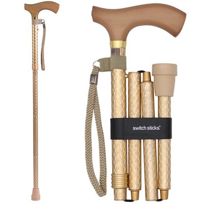 Engraved Pearl Gold Adjustable Foldable Walking Cane Lightweight Stylish Support