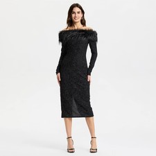 Women's Long Sleeve Faux Fur Off the Shoulder Midi Dress - A New Day