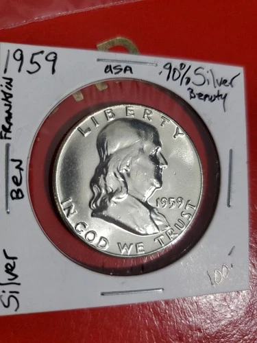 1959 .90% Silver Benjamin Franklin Half Dollar Coin In Protective 2x2 Beautiful