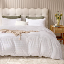 Jellymoni Plush Duvet Cover Set - King Size Pure White Striped Fluffy Comforter