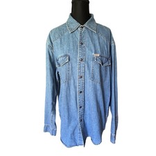 Vintage Levi Strauss Signature Men Blue Denim Western Shirt M Country Pearl Snap