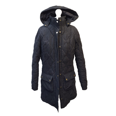 Barbour Faser Daunenmantel schwarz gesteppt Kapuze Reißverschluss & Druckknopf UK Damengröße 12 N94