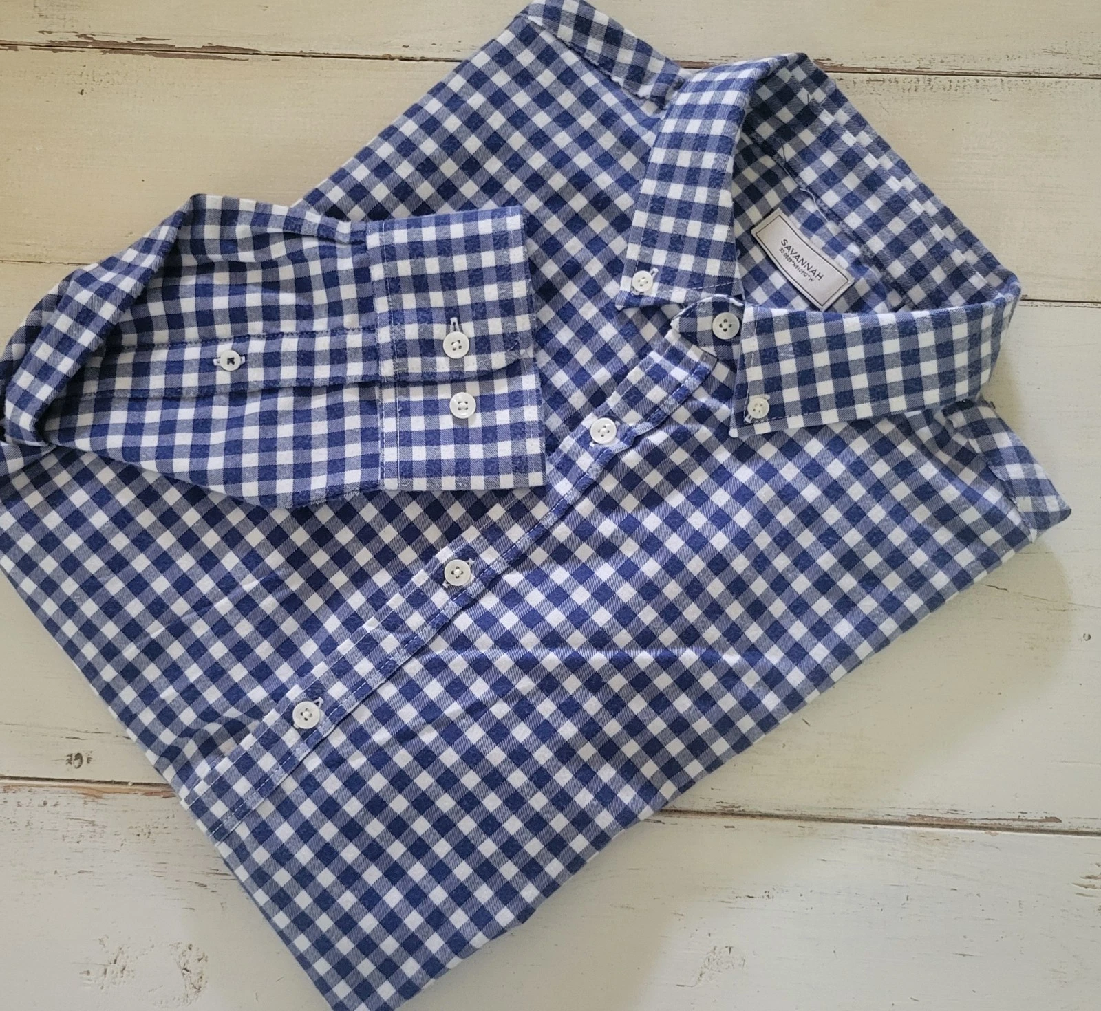 Savannah Mens Flannel Shirt Large Blue White Gingham Plaid Long Sleeve Classic