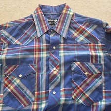 Vintage Wrangler Shirt Mens 15 1/2 Blue Western Pearl Snap Plaid Cowboy Rodeo