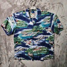 Paradise Found Rayon Aloha Shirt Seaplane Island Print Hawaiian Camp Large Blue
