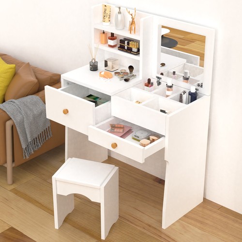 Dressing Table with Mirror and Chair Vanity Table with 3 Drawers and Shelves Ljn - Picture 12 of 16