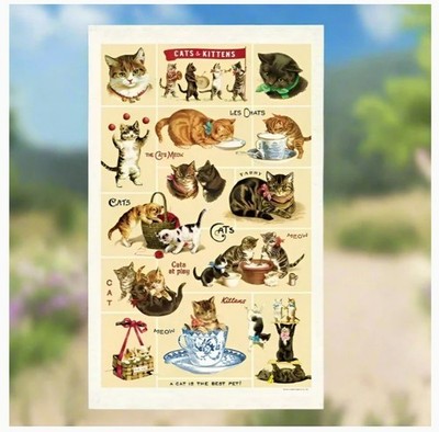 Cavallini & Co., ''Vintage Cats'' Kitchen / Tea Towel, 100% Cotton, New