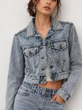 Alice Olivia Acid Wash Studded Collar Denim Jacket Cropped XS Petite