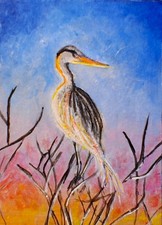 ACEO Original Acryl Kranichreiher bei Tagesanbruch Wildtiere Sammlerstück von LGarcia