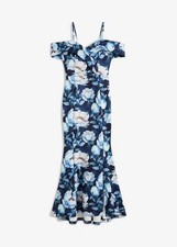 Maxikleid Gr. 34 Dunkelblau Hellblau Geblümt Damen Carmen-Kleid Abendkleid Neu