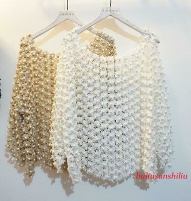 Women's Handwork Pearl Beads Tops Hollow Out Half Sleeve Celebrity Loose Shirts