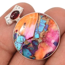 Composite Kingman Pink Dahlia Turquoise & Garnet 925 Silver Pendant CP69369