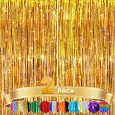 2 Pack Gold Metallic Tinsel Foil Fringe Curtains Door Streamers Photo Booth B...