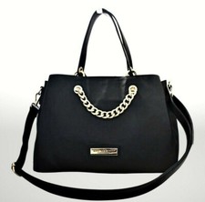 Marc Ny Satchel Bag Vegan Leather Gold-tone Chain & Hardware Zipper Coin Black