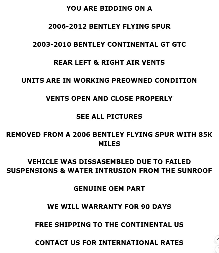 2003-2012 Bentley Flying Spur GT GTC Rear Left & Right  Air AC A/C Heat Vents